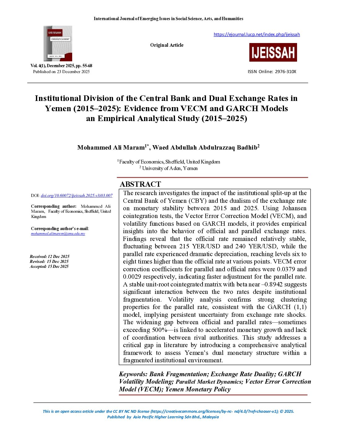 5231-Article Text-35538-1-10-20251223 Institutional Division of the Central Bank and Dual Exchange Rates in Yemen (2015–2025): Evidence from VECM and GARCH Models an Empirical Analytical Study (2015–2025)